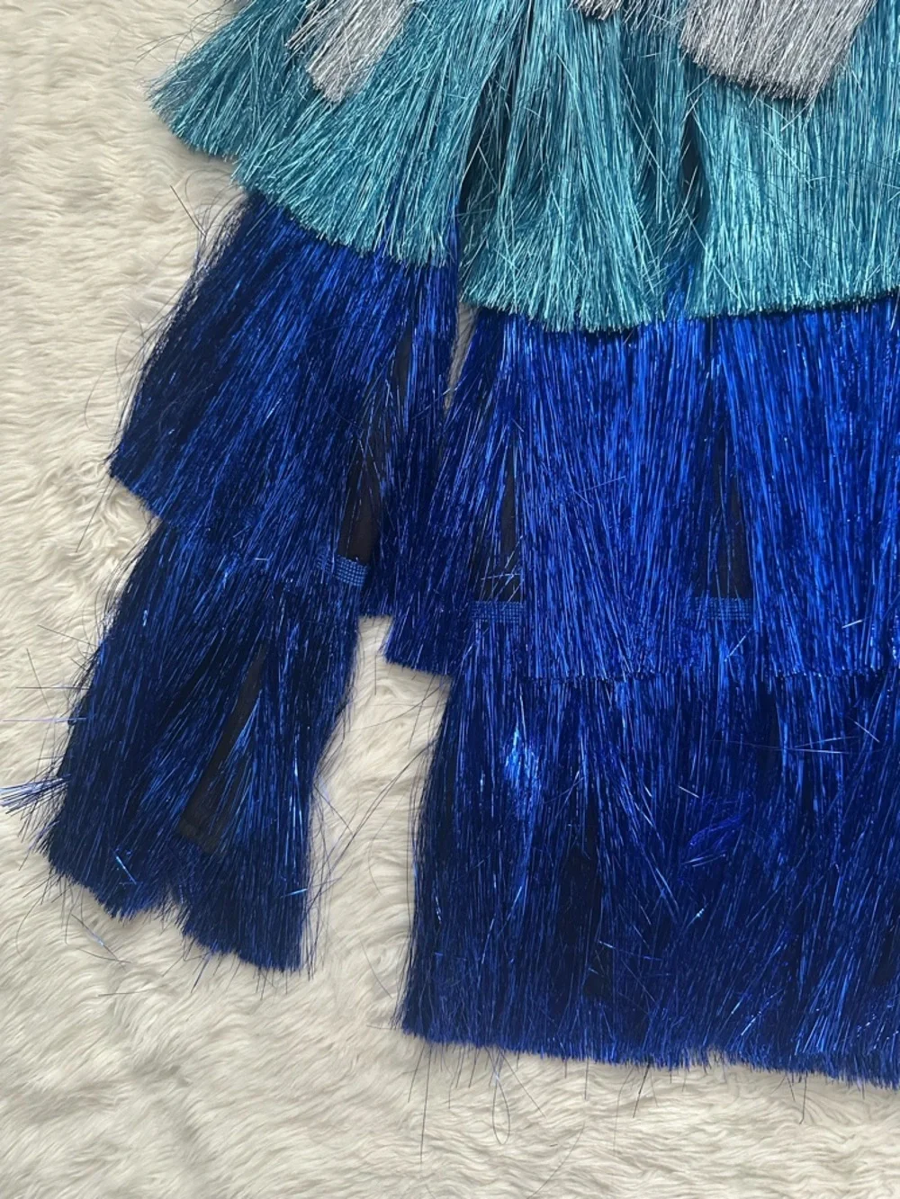 Nasty Gal Metallic Tiered Tinsel Fringe Open Front Jacket Rave Blue Sz 4 NWOT